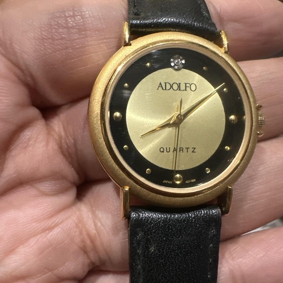Vintage Adolfo Watch Unisex 33mm Gold Tone Black Dial Leather Band New Battery - Picture 8 of 9